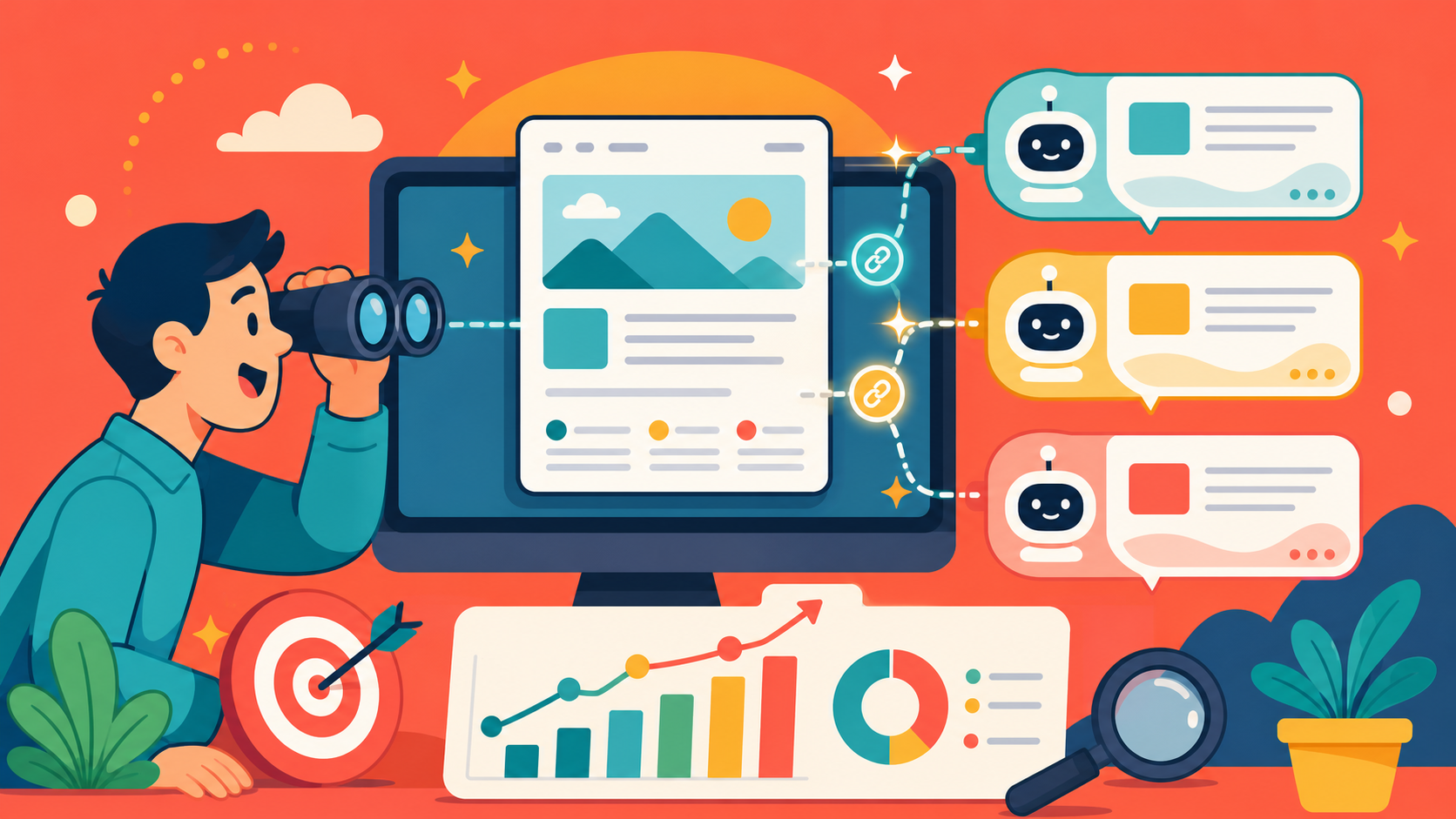 Illustration cartoon du suivi de citations et de visibilité d'un site dans des réponses générées par intelligence artificielle.