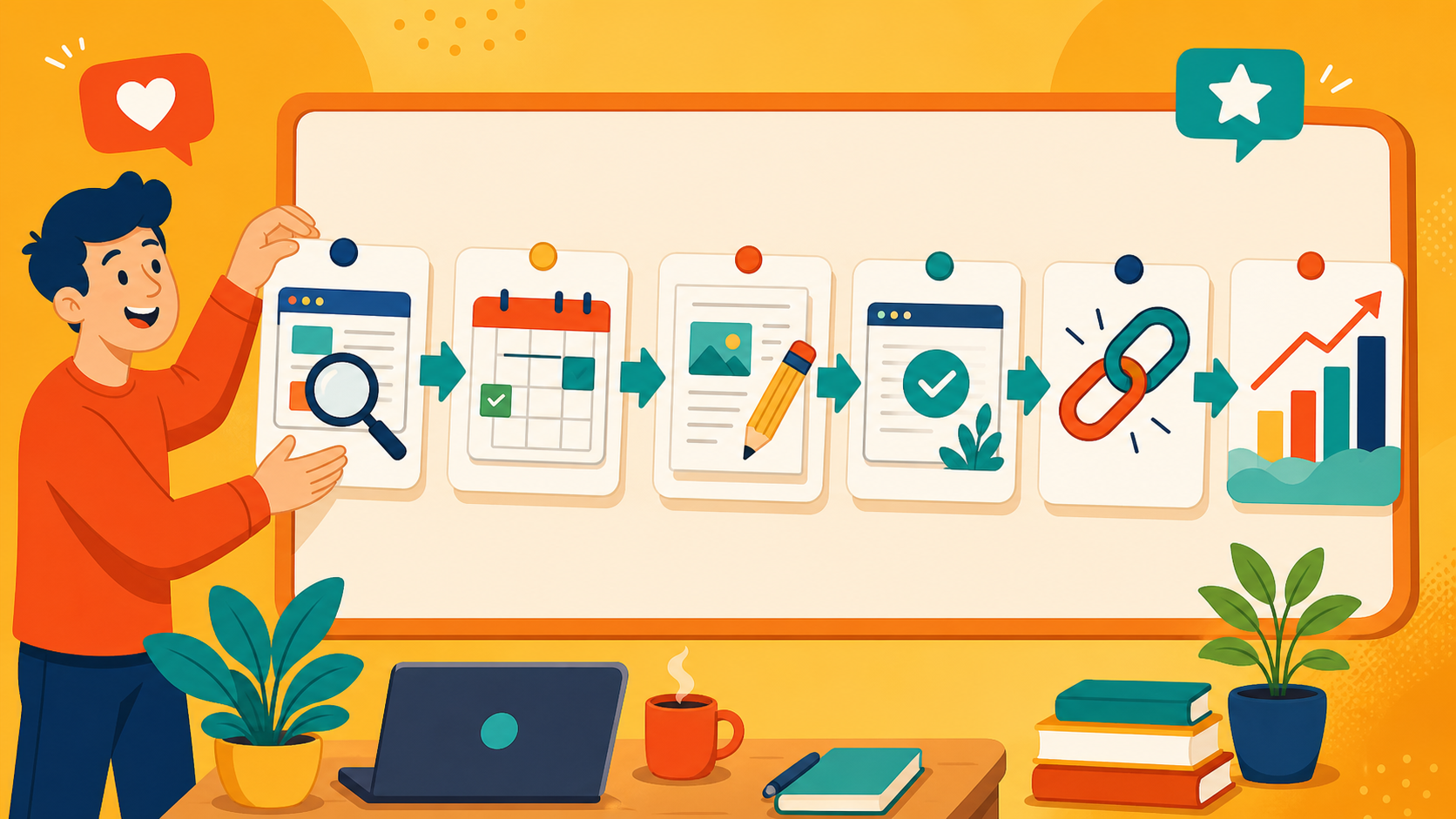 Illustration cartoon du workflow SEO automatisé, de l'audit au plan de contenu, à la publication, aux backlinks et au trafic.